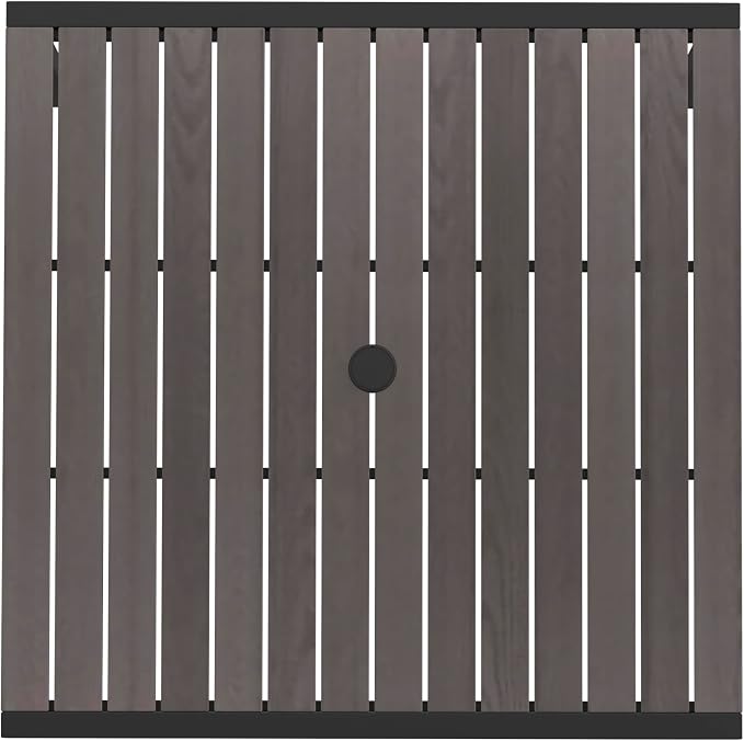 Flash Furniture Outdoor Steel Dining Table - Gray Wash Faux Teak Poly Slatted Top - Commercial Grade Dining Table with Black Frame - 35" Square - Umbrella Holder Hole