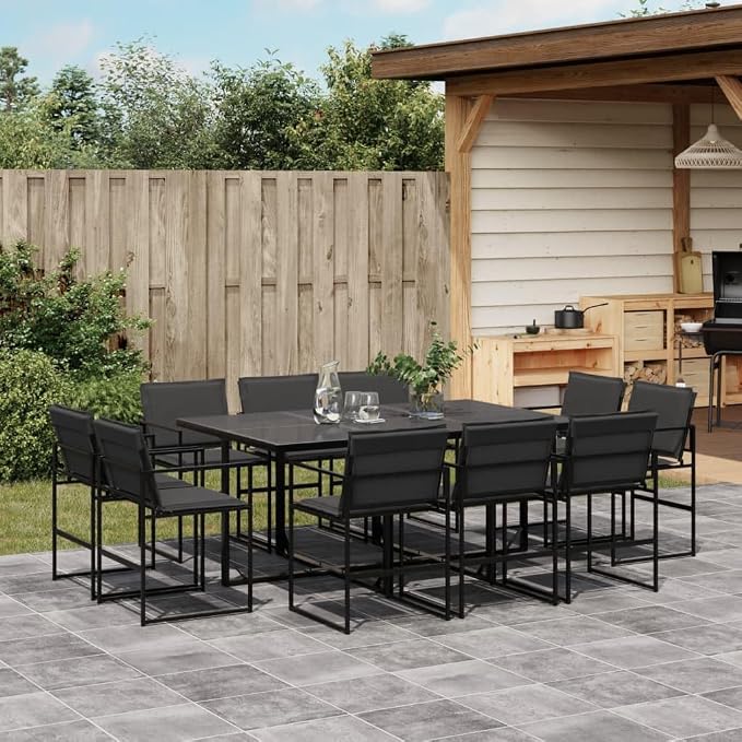 11 Piece Patio Dining Set with Cushions Black Outdoor Furniture for Garden Backyard Tempered Glass Table Textilene Chairs Folding Storage UV Resistant