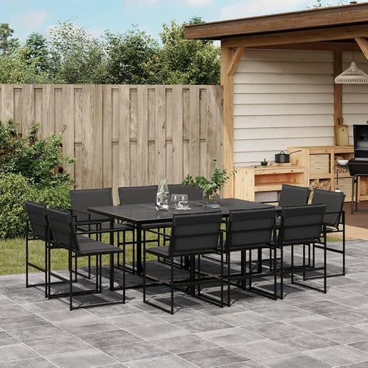 11 Piece Patio Dining Set with Cushions Black Outdoor Furniture for Garden Backyard Tempered Glass Table Textilene Chairs Folding Storage UV Resistant