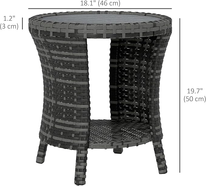Outsunny 18" Outdoor Wicker Coffee Table, 2-Tier Patio Side Table with Storage, PE Rattan End Table with Composite Wood Top, Steel Frame for Garden Backyard Balcony, Gray