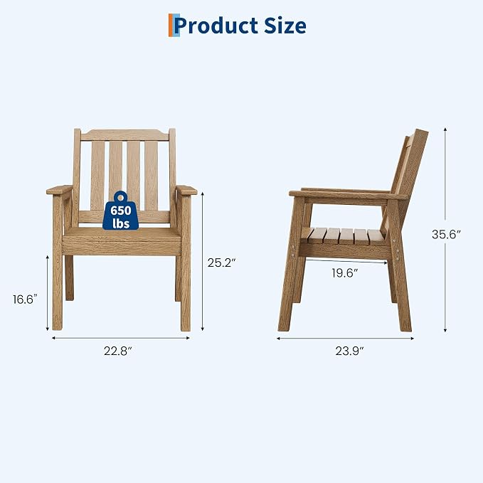Takywep 23.9” Wide HDPE Patio Dining Chairs Set of 4, 650LBS Capacity All-Weather Yard Armchair with Slatted Seat, Heavy Duty Modern Backyard Furniture for Garden, Poolside, Deck, Natural