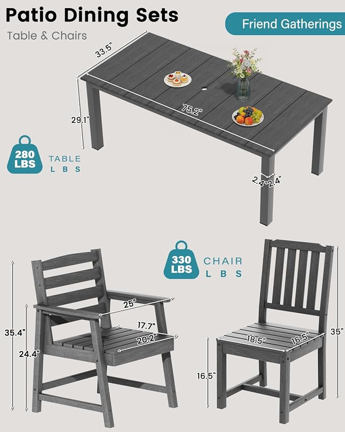 LOUNZY 9 Piece Outdoor Dining Table Set for 8, Patio Chairs, Gray | 75.2” table,8 seat patio dining set, durable HDPE wood-look, table hole stable and spacious design for family gatherings