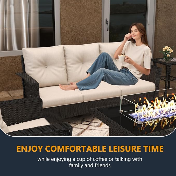 6 Pieces Outdoor Patio Furniture Set, Wicker Patio Sectional Set Conversation Wicker Swivel Chairs with Small Side Table