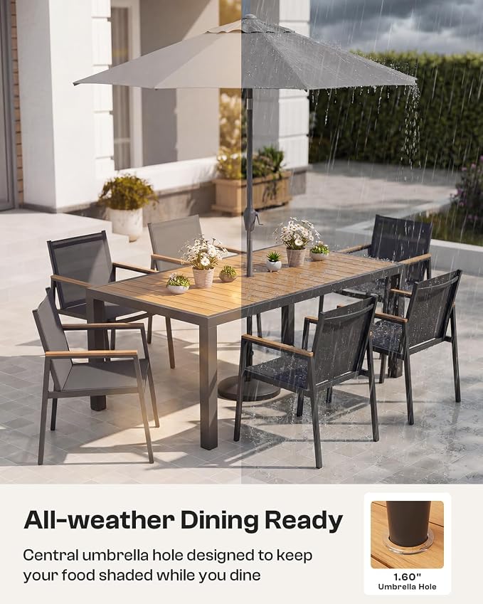 Outdoor Dining Set for 4, Aluminum Patio Table and Chairs Set, 5-Piece All Weather Patio Dining Furniture Set with Umbrella Hole for Backyard, Deck, Poolside (Gray-Teak)