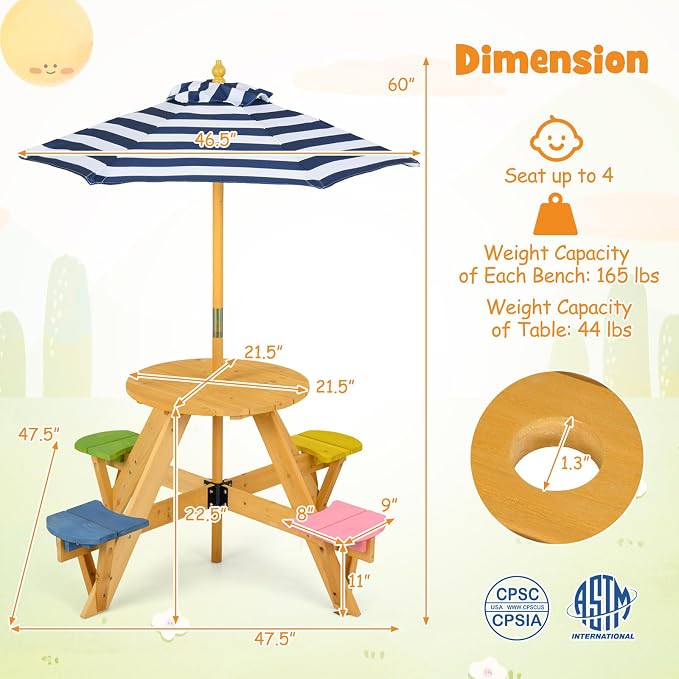 Costzon Kids Picnic Table, 4-Person Wooden Toddler Outdoor Table & Stool Set with Adjustable Umbrella, Wooden Kids Outdoor Furniture for Patio Backyard Lawn Garden