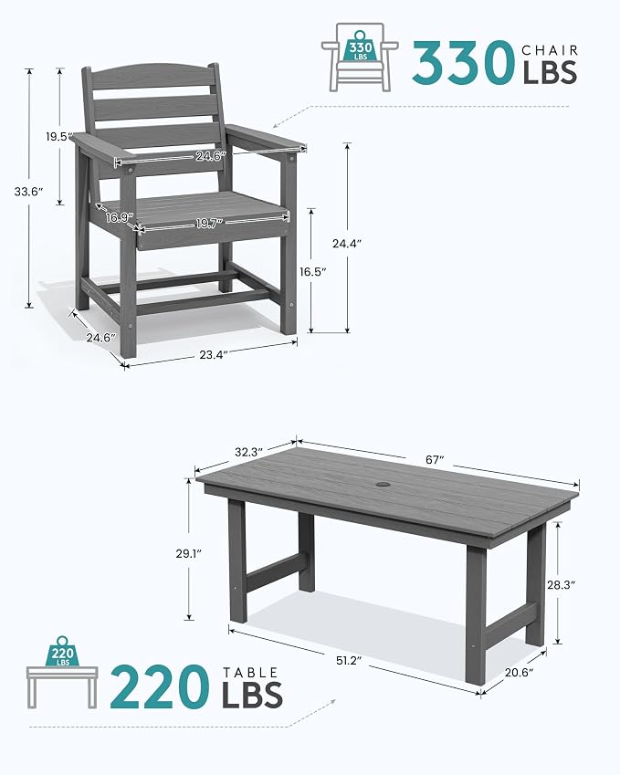 SERWALL 67" Rectangle Outdoor Dining Table for 6, Gray | Patio Dining Table with an umbrella hole, HDPE Outdoor Dining Table which can holds up to 220LBS