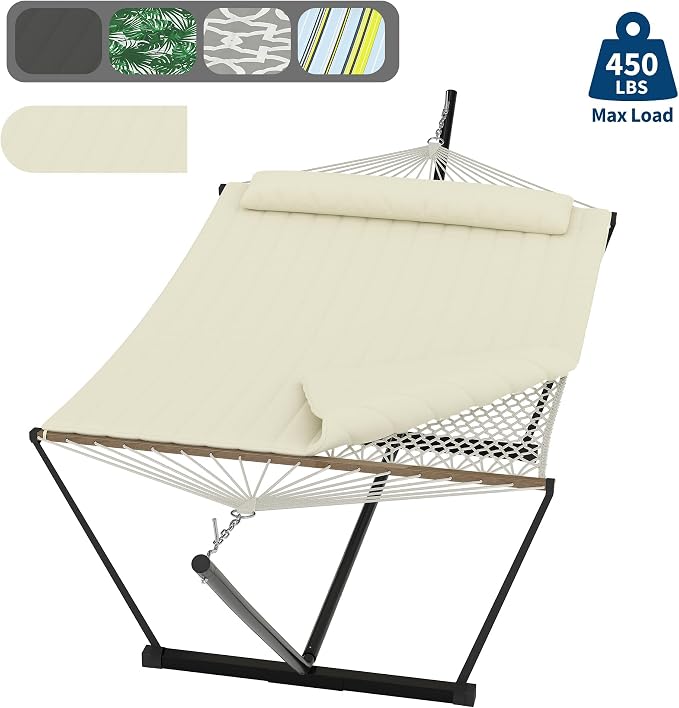 Double Hammocks with Stand for Outside, Heavy Duty Portable Outdoor Hammock with Soft Pillow & Paded, 450 LBS Weight Capacity, Perfect for Outdoor Indoor Patio Backyard Garden