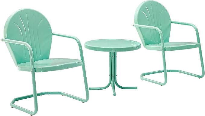 Crosley Furniture Griffith 3-Piece Outdoor Chair and Side Table Set, Retro Metal Bistro Patio Sets for Porch, Aqua