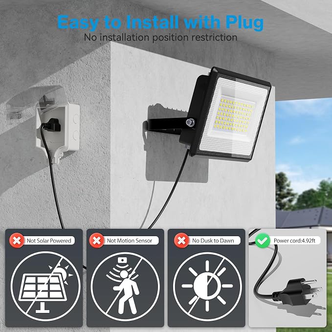 Olafus 2 Pack 90W LED Flood Light Outdoor, 9000LM Super Bright LED Work Lights Plug in, 6500K IP66 Waterproof Exterior Floodlight for Yard Lawn Garden