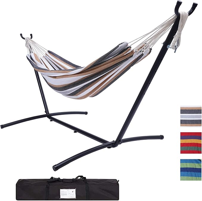 Double Classic Hammock with Stand for 2 Person- Indoor or Outdoor Use-with Carrying Pouch-Powder-Coated Steel Frame - Durable 450 Pound Capacity，Brown/Gray Striped