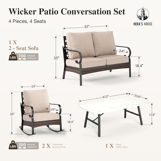 HERA'S HOUSE 4 Piece Metal Patio Furniture Set, 2 x Rocking Cushioned Chair, 2-Seat Lover Sofa with Coffee Table, All Weather Outdoor Conversation Set for Lawn Garden Backyard Deck, Beige