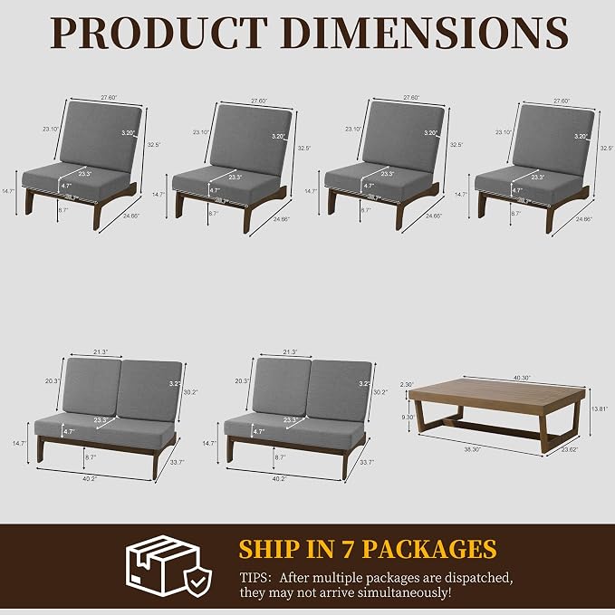7 Pieces All Weather Wood Patio Furniture Sets, 2 Patio Loveseat, 4 Patio Bistro Chair, Outdoor Sectional Sofa Furniture Backyard Conversation Set with Coffee Table - Grey
