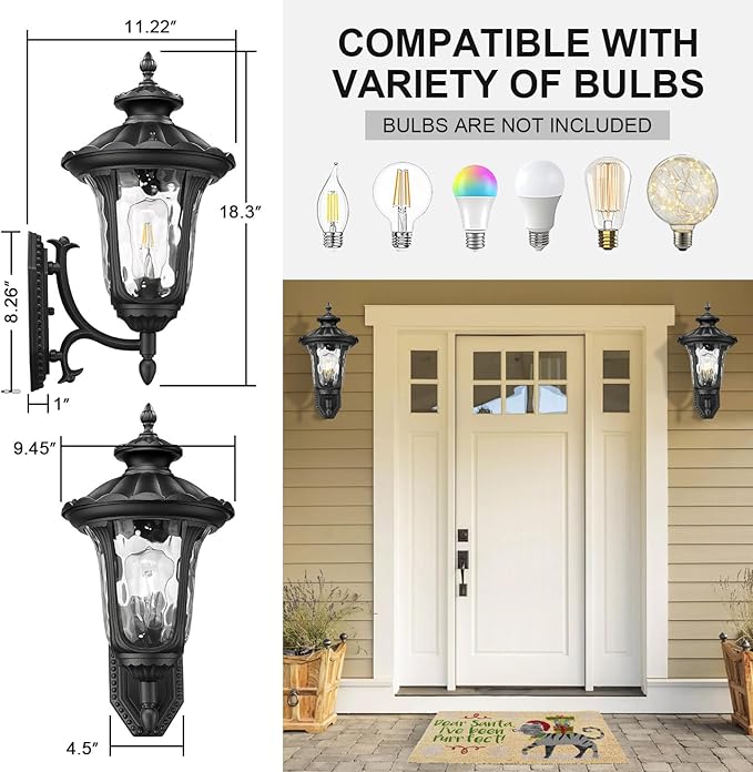 Outdoor Light Fixtures Wall Mount, Waterproof Exterior Wall Lanterns with Waer Ripple Glass, Outside Sconces, Front Porch Lights for House Garage Doorway Patio