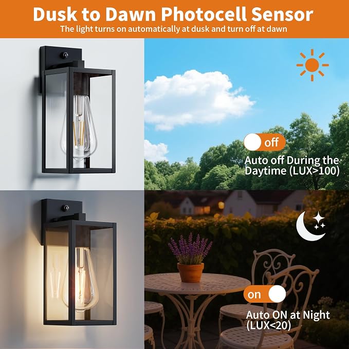 2 Pack 13‘’ Dusk to Dawn Outdoor Wall Light Fixture, Large Front Porch Lights for House, Exterior Wall Sconce, Black Waterproof Lantern Lamp,Outside Coach Light for Garage Entryway Yard