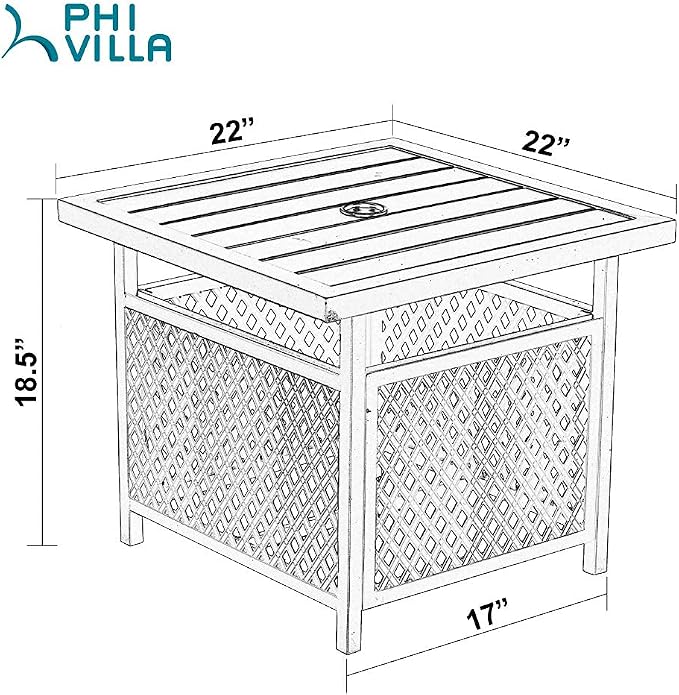 PHI VILLA Patio Umbrella Side End Table Stand with Hole, Small Square Black Metal Bistro Table for Outdoor Garden Pool, 22"