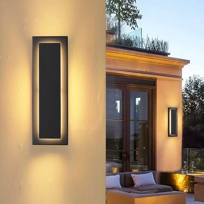 15.7 in Outdoor Wall Sconce Light,Modern Exterior Lights Fixture | Black Outdoor Porch Lights for House,Patio,Front Door,Outdoor Wall Lighting,IP65 Waterproof,3000K Warm White, 12 W,2 Packs