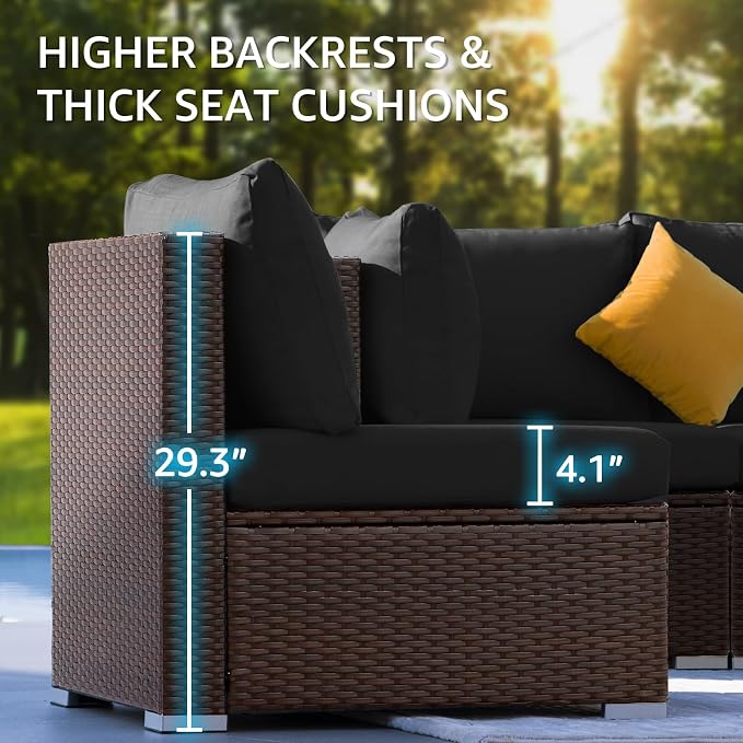 NICESOUL 15 Piece Outdoor Sectional with Fire Pit Table, Modern Luxury Patio Deep Seating w/Firepit, 29.3'' High-Back Wicker Couch Thick, Big High-Weight Capacity Sofa for Garden, Yard, Brown & Black
