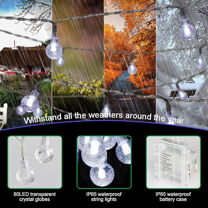 Metaku Cool White Globe String Lights Fairy Light 26ft 60LED & Remote | Battery Operated Indoor Outdoor Hanging String Lights Christmas Lights for Home Party Patio Garden Classroom Wedding