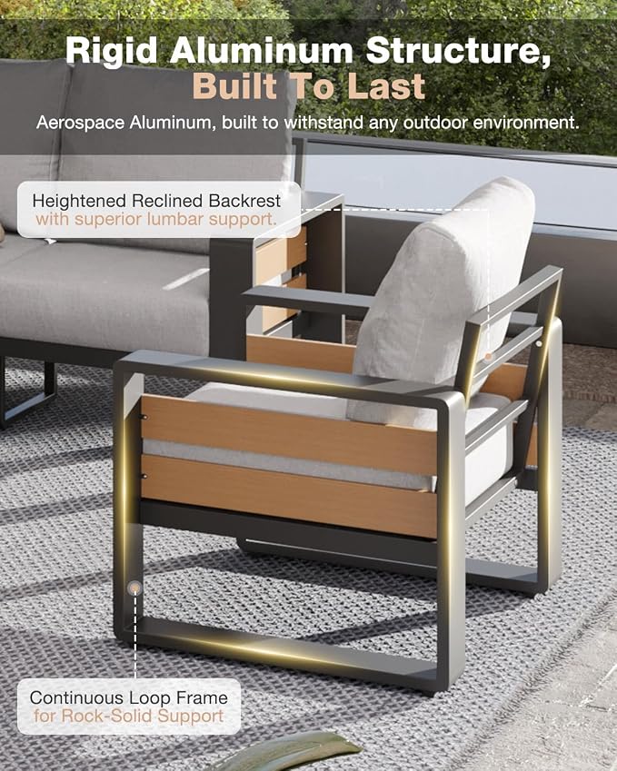 Aoxun Aluminum Patio Furniture Set, 2 Piece Luxury Outdoor Sectional with 6" Olefin Fabric Cushions, Patio Conversation Sets with Coffee Table Outdoor Sofas for Backyard, Porch Light Grey