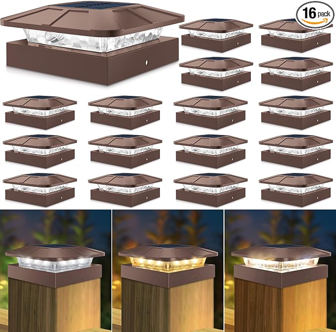 16 Packs 4x4 Post Solar Lights 3 Lighting Modes, Brown Solar Powered Cap Lights Fits 4×4/3.5×3.5 Wood/Vinyl Posts, Waterproof Post Top Light Outdoor for Fence Deck Mailbox Porch Railing