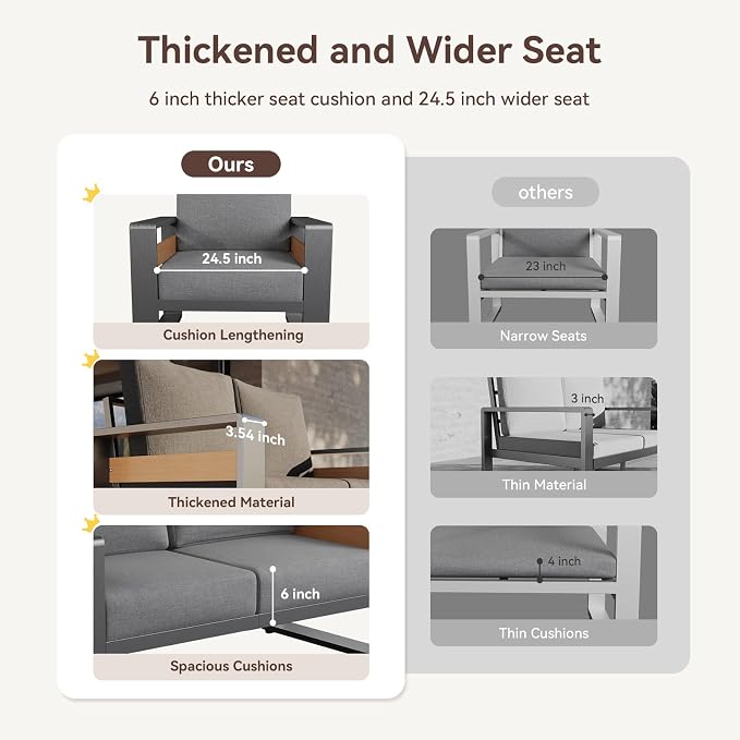 Aoxun Aluminum Patio Furniture Set, 4 Seats Sectional Metal Patio Furniture with Coffee Table and Thick Cushions, Modern Outside Sectional Set for Backyard/Garden/Poolside, Dark Grey