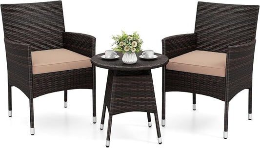 Tangkula 3 Piece Patio Furniture Set, Hand-Woven PE Wicker Conversation Set with Contoured Armchairs, Cushions & Round Coffee Table, Outside Bistro Set for Porch, Backyard, Balcony & Poolside (Beige)