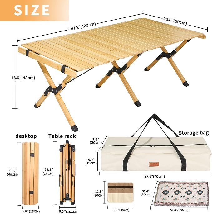 Portable Folding Table,4Ft Bamboo Outdoor Camping Table,Low Picnic Table for Sitting on the Floor,Beach Foldable Table with Carry Bag and Tablecloth,Boho Table for Camping,BBQ,Party
