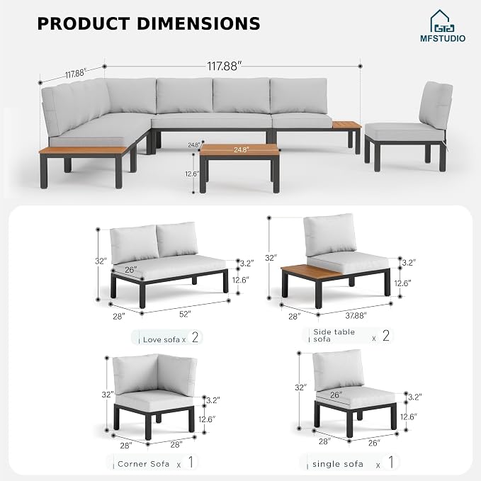MFSTUDIO 7 Pieces Patio Furniture Set, Outdoor Sectional Sofa Metal Modern Patio Conversation Set with 1 x Coffee Table for Backyard,Garden,Poolside