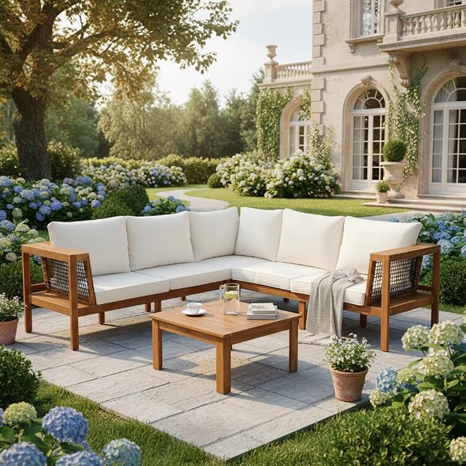 4 Piece Outdoor Acacia Wood Patio Sofa Set, L Shaped Conversation Seating with Woven Rope Armrests, Coffee Table, Cushions & Pillows, Modern Garden Furniture for Backyard, Balcony, Deck, Poolside