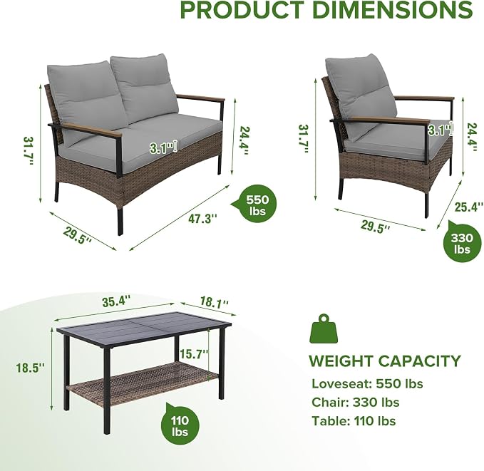 EAGLE PEAK 4 Piece Mojave Dusk Outdoor Conversation Set, Patio Wicker Furniture, Loveseat, 2 Patio Chairs and Coffee Table, Brown/Gray