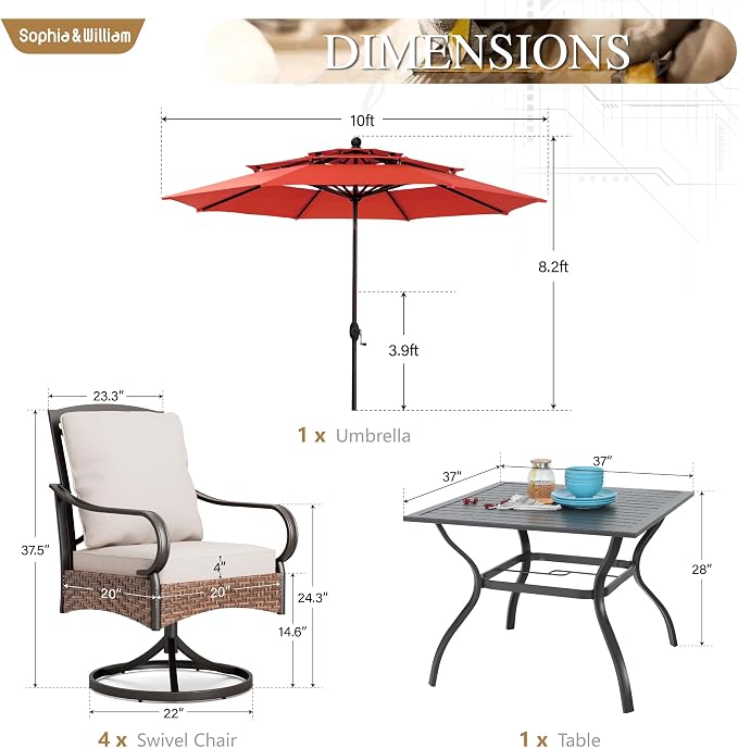 Sophia & William Outdoor Dining Set with Umbrella 6 Piece Patio Set for 4 with 10ft Patio Red Umbrella, 4 x Swivel Patio Chairs, 1 Square Table for Lawn Garden