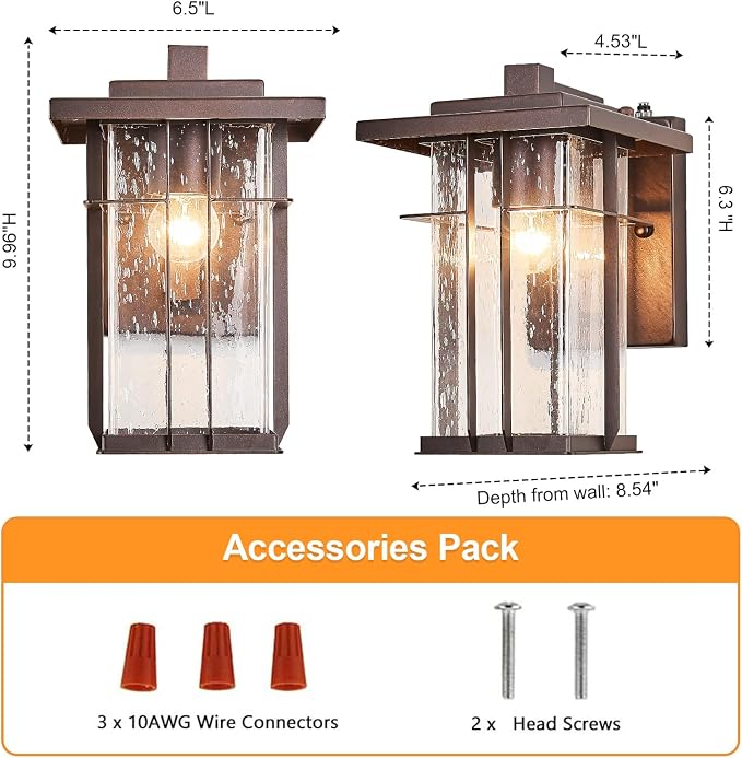 Dusk to Dawn Outdoor Wall Light 2 Pack Outside Wall Lamp Oil Rubbed Bronze Exterior Light Fixtures Wall Mount 10"H Garage Light Outdoor IP65 Porch Light with Seeded Glass Exterior Wall Sconces