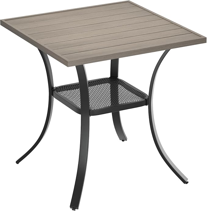 VICLLAX Small Square Outdoor Patio Table, All Weather Metal Outdoor Dining Table for Lawn Garden, 27.5"x 27.5" Patio Table for Outside, Grey Wood-Like Tabletop