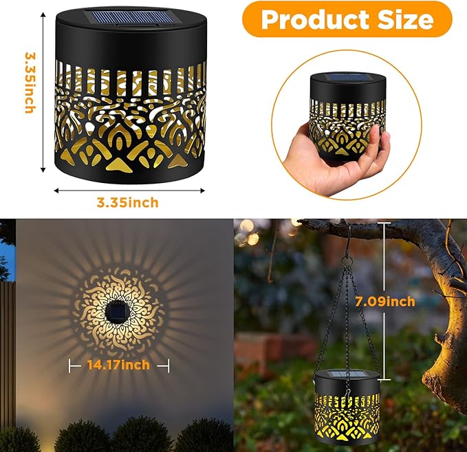 2 Pack Solar Fence Lights Outdoor, Metal Solar Powered Wall Deck Step Light | Mandala Theme, Hanging LED Waterproof Decorative Lighting for Garden Patio Backyard Post Decor, Warm White