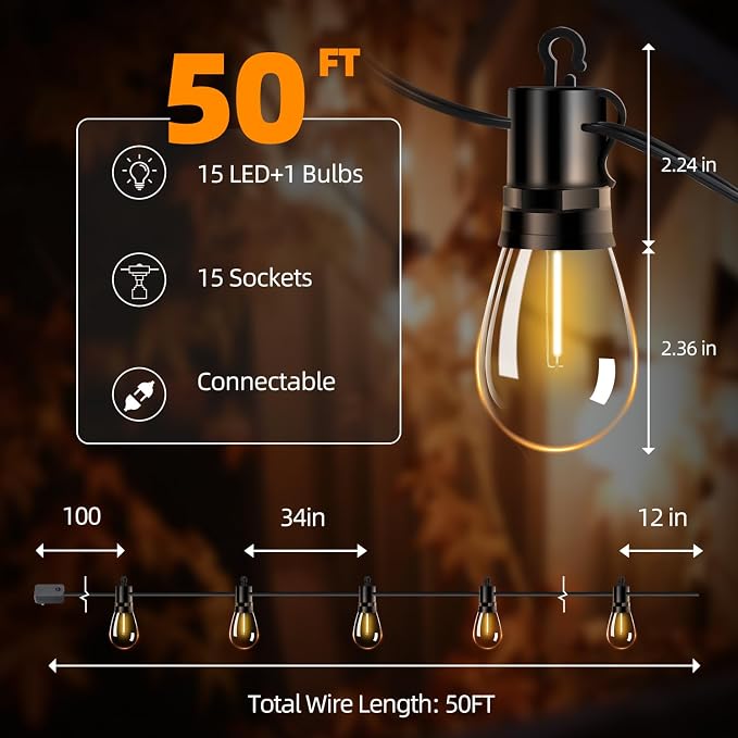 Outdoor Patio String Lights: S14 Shatterproof Bulb Outside Waterproof Light - 50FT 15M Remote Dimmable Connectable Hanging Outdoor Electric Lighting - Garden Backyard Yard Gazebo Porch Party