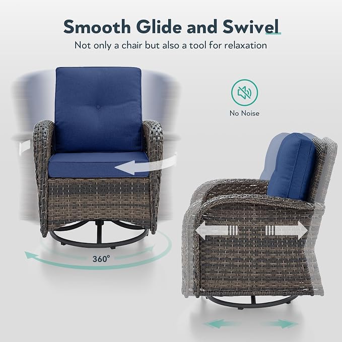 2 in 1 Porch Glider Swivel Chair - Wicker Patio Furniture Outdoor Swivel Rocker Chair with Thick Cushion, 300 Lb Weight Capacity Patio Swivel Glider Seating - Brown Wicker, Blue Cushion