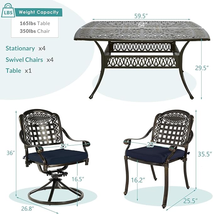 MEETWARM 9-Piece Outdoor Patio Dining Set for 8, All Weather Cast Aluminum Patio Funiture Table and Chairs Set- Large 64" Square Table and 4 Swivel Rocker Chairs, 4 Stationary for Garden, Navy Blue