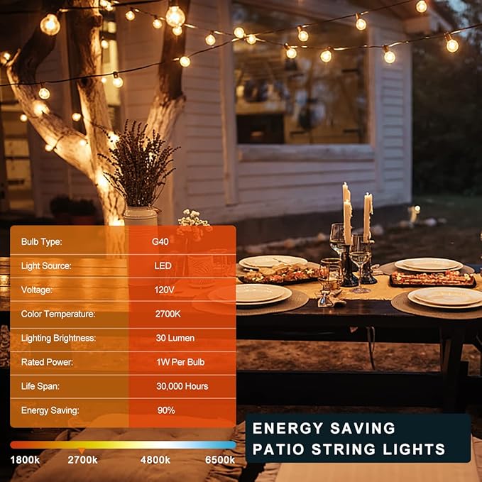 Kawaya G40 Outdoor String Lights 25FT IP65 Waterproof 2700K LED Patio Light | IP65 12 Shatterproof Edison Globe Blubs, 2700K Warm White for Garden Porch Fence Camping Party Backyard Deck Bistro Balcony