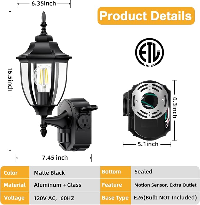 Porch Lights with Outlet, Motion Sensor Outdoor Lights, Updated Dusk to Dawn Exterior Lighting Fixtures, Waterproof Anti-Rust Aluminum Outside Light for House Entryway Garage, Black