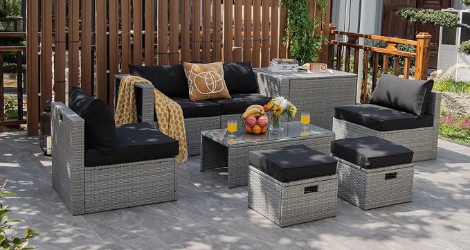 Tangkula 8 Piece Patio Wicker Furniture Set, Patiojoy Space Saving Outdoor PE Rattan Conversation Set with Storage Box & Waterproof Cover, Coffee Table, 2 Ottomans, 2 Armless Sofas & 2 Corner Sofas