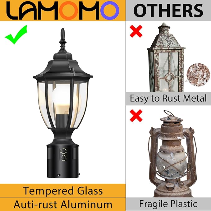 Lamomo 2 Pack Motion Sensor Outdoor Post Lights, Dusk to Dawn Lamp Post Light Fixture, Waterproof Aluminum Lamp Posts Outdoor Lighting Pole Lantern for Yard Patio Pathway Garden