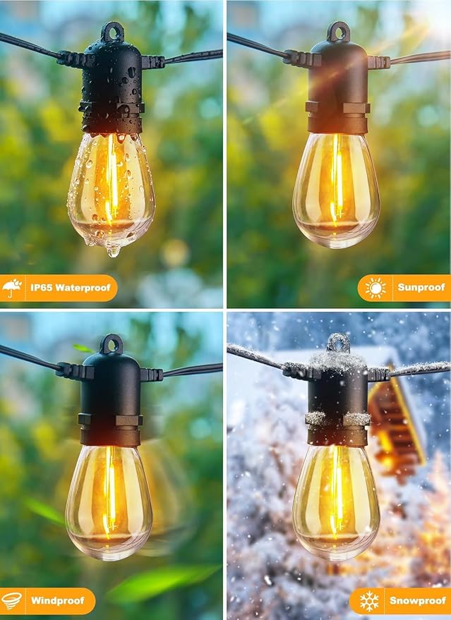 Brightown Outdoor String Lights, 50FT 15 Bulbs Shatterproof Patio Lights | IP65 Waterproof Dimmable Hanging Connectable LED Outdoor Lights for Backyard, Bistro, Porch, Deck, Balcony