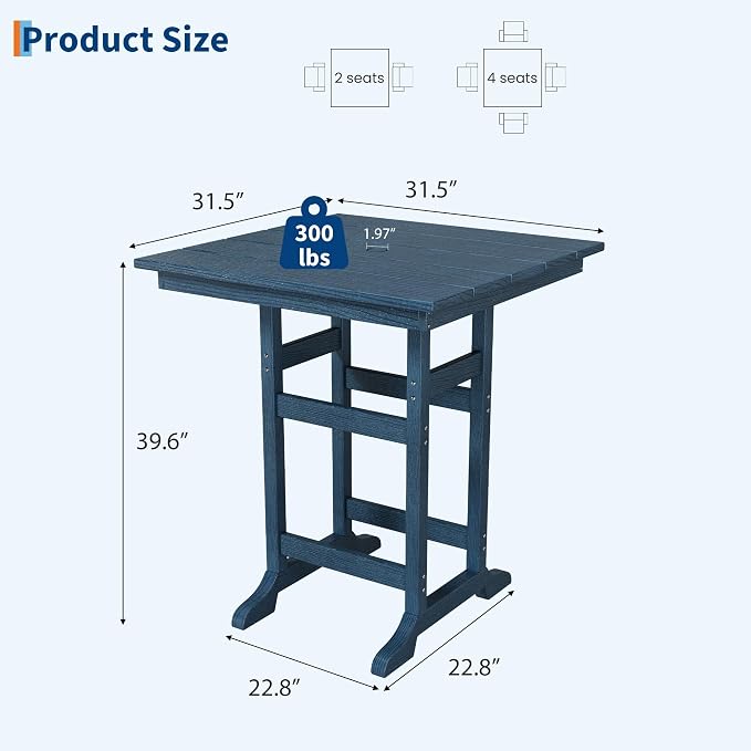 GAOMON Square Outdoor Bar Height Table, Patio Tall Side Bistro Table with Umbrella Hole, Weather Resistant High Top Dining Table for Backyard, Garden, Deck, Porch, Navy Blue