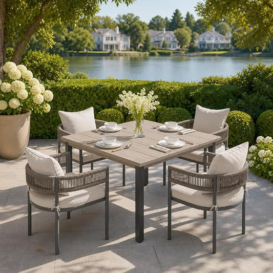 VICLLAX Patio Dining Set, 40.2" Grey Table & 4 Chairs with Wheat Cushion | Outdoor Table and Chairs Set of Square Metal Patio Table, Outdoor Dining Chairs with Metal Frame, Garden Deck Porch