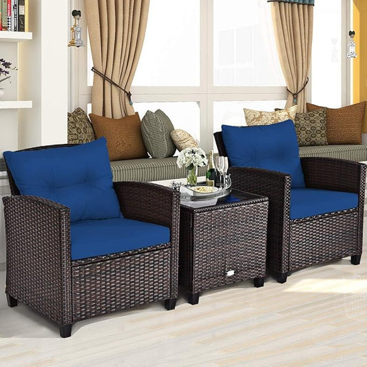 3-Piece Wicker Patio Furniture Set, Outdoor Sofa Set with Water-Resistant Cushion & Tempered Glass Table, Modern Navy Blue Patio Set