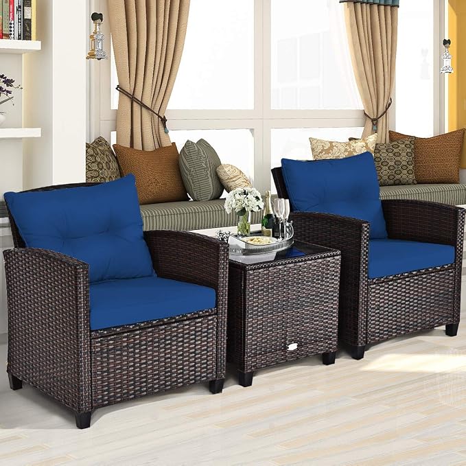 KOTEK 3 Piece Patio Furniture Set, Outdoor Conversation Set with Washable Cushions & Tempered Glass Tabletop, PE Rattan Wicker Bistro Set for Porch, Garden, Balcony (Navy Blue)