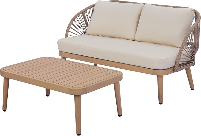 Christopher Knight Home Blanca 2 Pieces Conversation Set, Boho Patio Loveseat Sofa and Coffee Table, Acacia Wood Outdoor Loveseat and Table Set, Rope Woven Curved Loveseat with Cushions, Teak+Beige