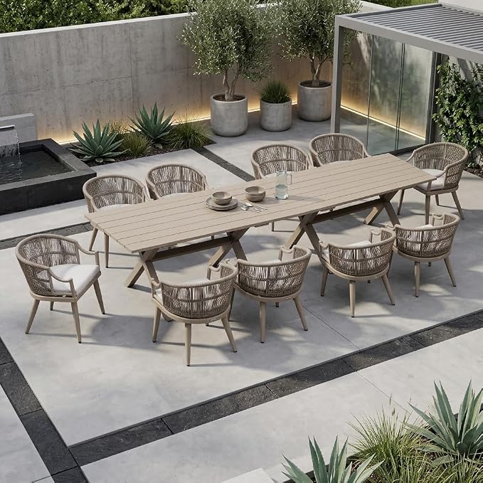 PURPLE LEAF 12 Pieces Outdoor Dining Set All Weather Wicker Patio Dining Set with Rectangular Aluminum Table and Modern Armrest Dining Chairs for Garden Deck Backyard Kitchen, Champagne