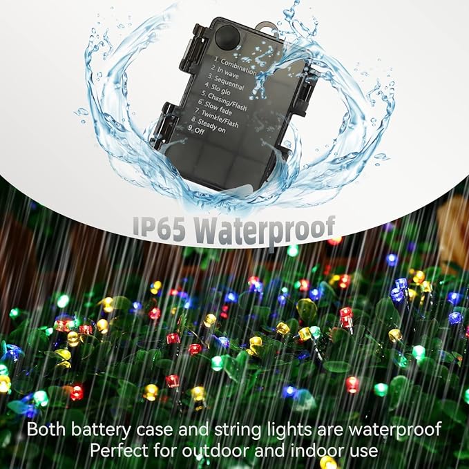 Battery String Lights Outdoor 33Ft 100 LED Fairy Lights for Indoor Outdoor Waterproof with Remote Timer 8Modes Battery Operated Christmas Lights for Outside Party Garden Christmas Tree Décor