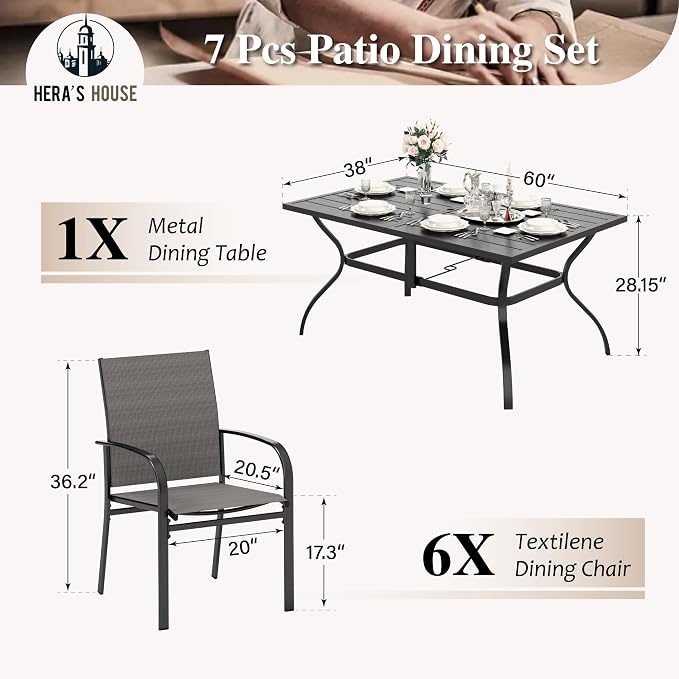HERA'S HOUSE 7pc Patio Dining Set, 60" Metal Table, Textilene Chairs | Rectangular table with umbrella hole+ 6 brown chairs. Waterproof, rust-resistant, all-weather for backyard, porch